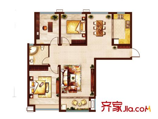 魯商鳳凰城一期1-8#樓、二期9-11#樓標準層C戶型 3室2廳1衛(wèi)1廚