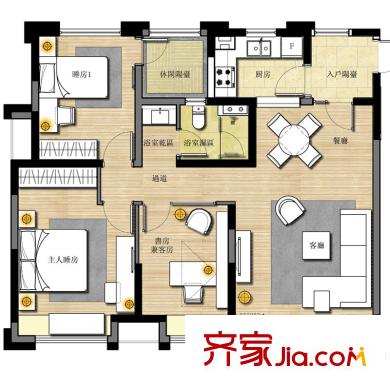 恒生伴山戶型圖1/2/10號樓C-1戶型 3室2廳1衛(wèi)1廚