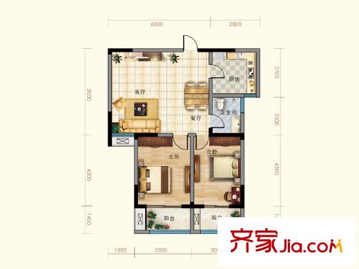 宏瑞國際星城19#樓標準層G2戶型 2室2廳1衛(wèi)1廚