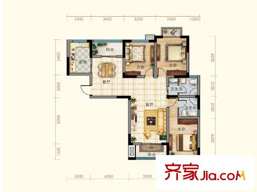 宏瑞國際星城19#樓標準層F1戶型 3室2廳2衛(wèi)1廚