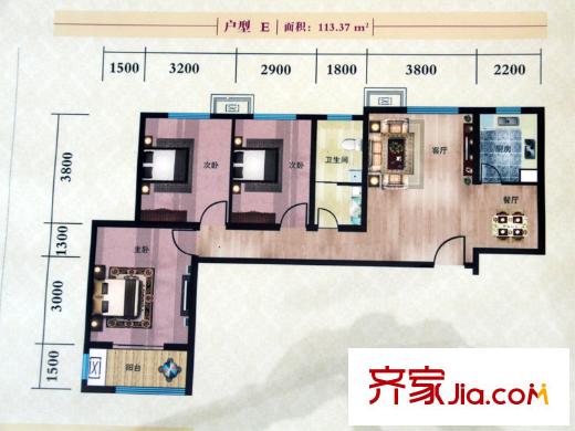 宏瑞國際星城3#樓標準層E戶型 3室2廳1衛(wèi)1廚