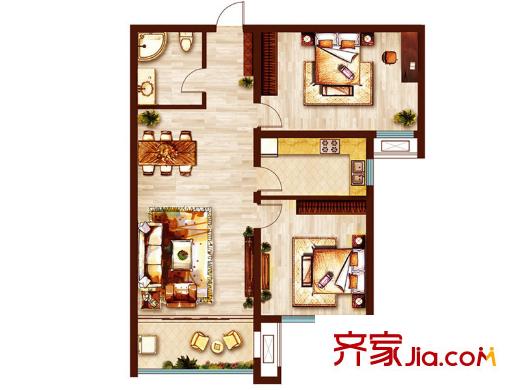 魯商鳳凰城一期1-7#樓標準層A戶型 2室2廳1衛(wèi)1廚