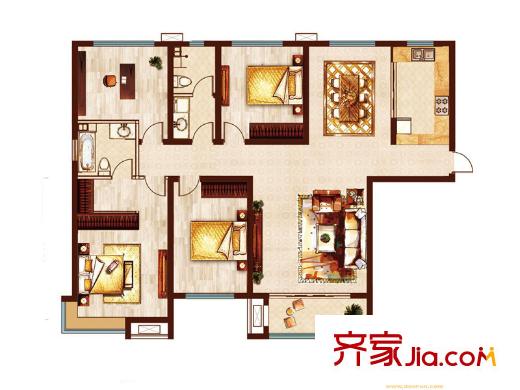 魯商鳳凰城一期1#、4#、5#樓標準層E戶型 4室2廳2衛(wèi)1廚