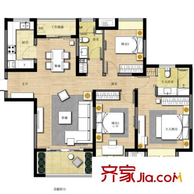 恒生伴山戶型圖3號樓C-6戶型 3室2廳2衛(wèi)1廚