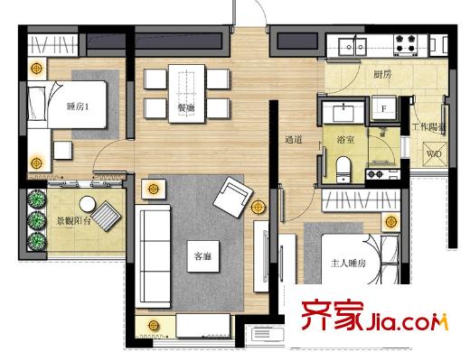 恒生伴山戶型圖3號樓B-2戶型 2室2廳1衛(wèi)1廚