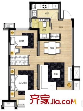 恒生伴山戶型圖1/2/10號樓B-1戶型 2室2廳1衛(wèi)1廚
