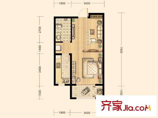 尚品?燕園1#樓D9戶型 1室2廳1衛(wèi)1廚