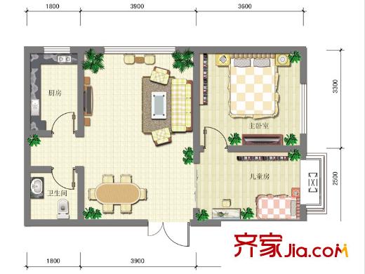 丁豪藍調(diào)國際戶型圖戶型C住宅 2室2廳1衛(wèi)1廚
