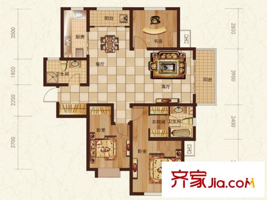 銀豐唐郡戶型圖標準層C1-01戶型 3室2廳2衛(wèi)1廚