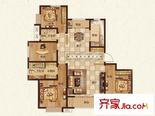 銀豐唐郡戶型圖標準層3-E-01戶型 4室2廳2衛(wèi)1廚