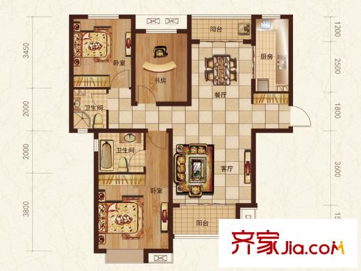 銀豐唐郡戶型圖B5-01戶型 3室2廳2衛(wèi)1廚