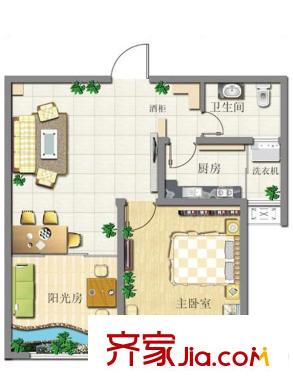 丁豪藍調(diào)國際戶型圖D戶型 2室2廳1衛(wèi)1廚