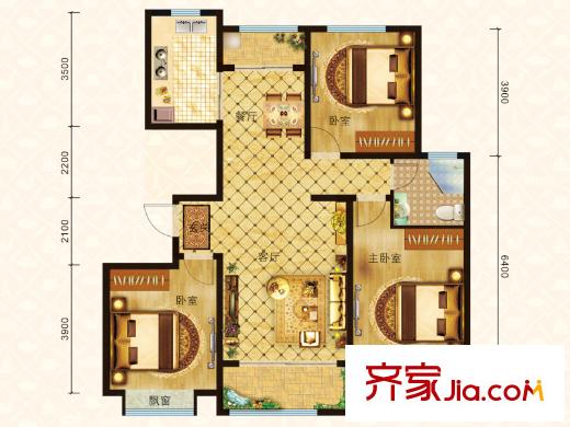 三慶?城市主人2、5、6、8、13#樓B2戶型圖 3室2廳1衛(wèi)1廚