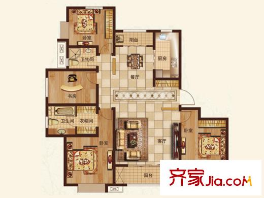 銀豐唐郡戶型圖標準層E戶型 4室2廳2衛(wèi)1廚