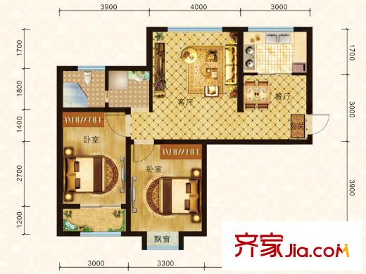 三慶?城市主人10、11、12#樓A2戶型圖 2室2廳1衛(wèi)1廚