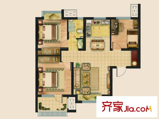 榮盛錦繡瀾灣戶型圖一期6號樓標準層D戶型 3室2廳1衛(wèi)1廚