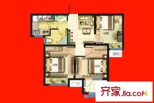 榮盛錦繡瀾灣戶型圖二期5、7號樓標(biāo)準(zhǔn)層B戶型 3室2廳1衛(wèi)1廚