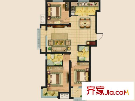 榮盛錦繡瀾灣戶型圖一期6號樓標(biāo)準(zhǔn)層A戶型 3室2廳2衛(wèi)1廚