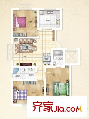 山水庭院戶型圖6A戶型 3室2廳2衛(wèi)1廚