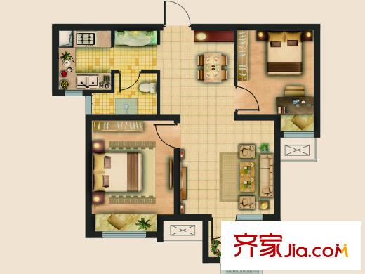 榮盛錦繡瀾灣戶型圖一期6號樓標(biāo)準(zhǔn)層B戶型 2室2廳1衛(wèi)1廚
