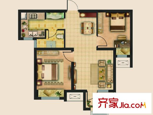 榮盛錦繡瀾灣戶型圖一期1、2號樓標(biāo)準(zhǔn)層B戶型 2室2廳1衛(wèi)1廚