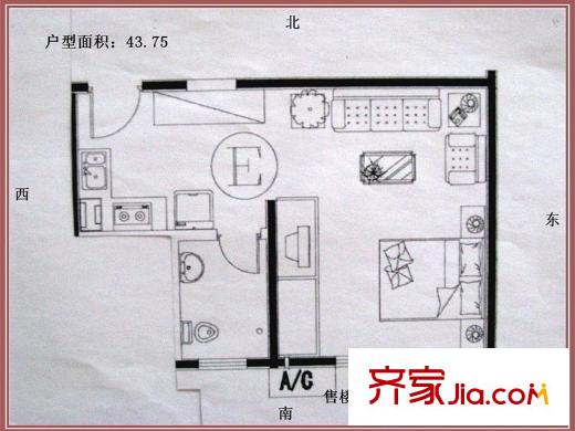 海右重華戶型圖E戶型 1室1廳1衛(wèi)1廚