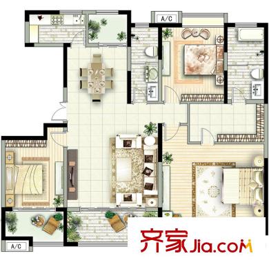 保利大名湖戶型圖3-b戶型 3室2廳2衛(wèi)1廚