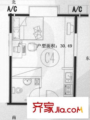海右重華戶型圖C4戶型 1室1廳1衛(wèi)1廚
