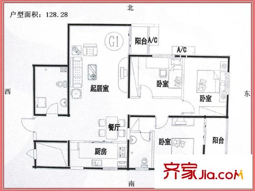 海右重華戶型圖G1戶型 3室2廳2衛(wèi)1廚