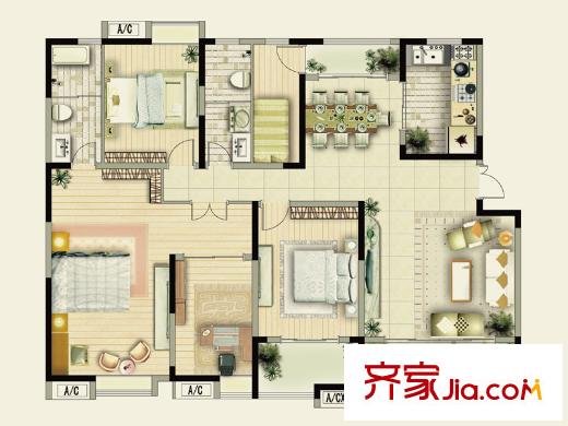 保利大名湖戶型圖5-E戶型 3室2廳2衛(wèi)1廚
