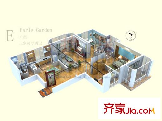 巴黎花園戶(hù)型圖E戶(hù)型 3室2廳2衛(wèi)