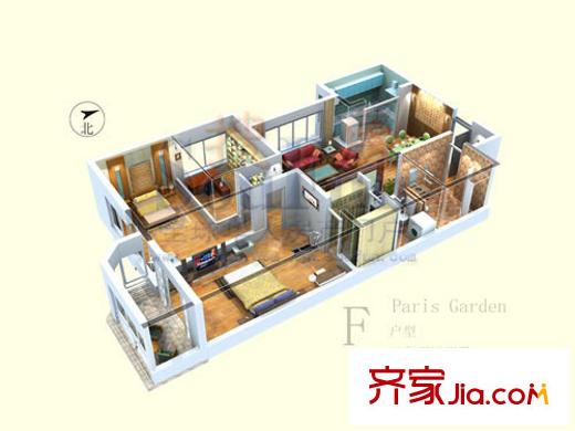 巴黎花園戶(hù)型圖F戶(hù)型 3室2廳2衛(wèi)