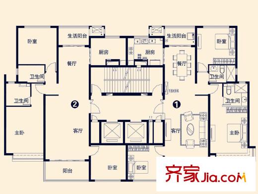 濟(jì)南恒大帝景4#樓標(biāo)準(zhǔn)層戶型圖 3室2廳2衛(wèi)1廚