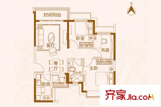 濟(jì)南恒大帝景95平方米戶型2 3室2廳1衛(wèi)1廚