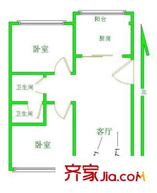 解放路單位宿舍 2室 戶型圖
