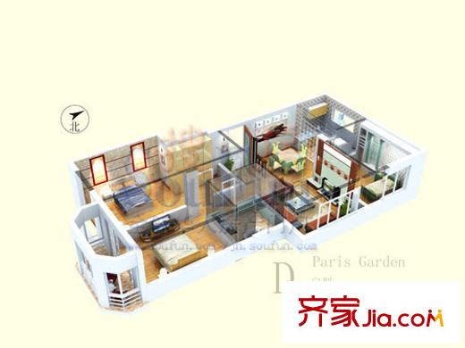 巴黎花園戶(hù)型圖D戶(hù)型 3室2廳1衛(wèi)