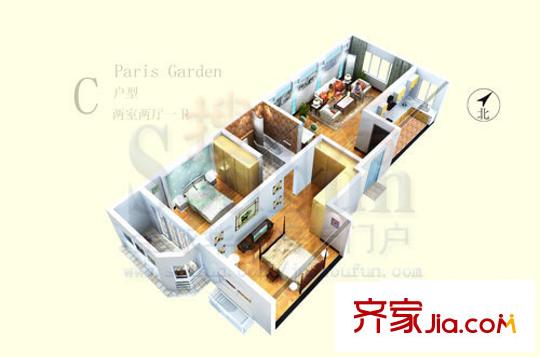 巴黎花園戶(hù)型圖C戶(hù)型 2室2廳1衛(wèi)