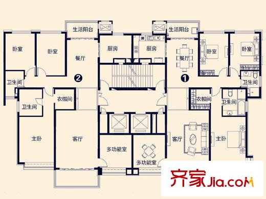 濟南恒大帝景1#樓標準層戶型圖 4室2廳2衛(wèi)1廚