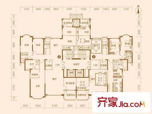 濟南恒大帝景2#樓標準層戶型圖 4室2廳3衛(wèi)2廚