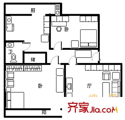 解放路單位宿舍 3室 戶型圖