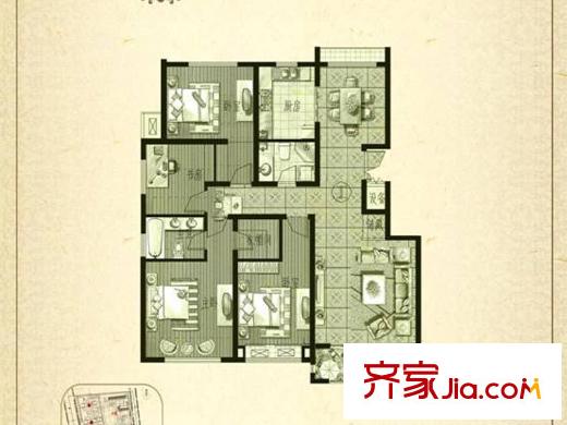 豐奧嘉園戶型圖南區(qū)11、14、17#樓標準層I戶型 4室2廳2衛(wèi)1廚