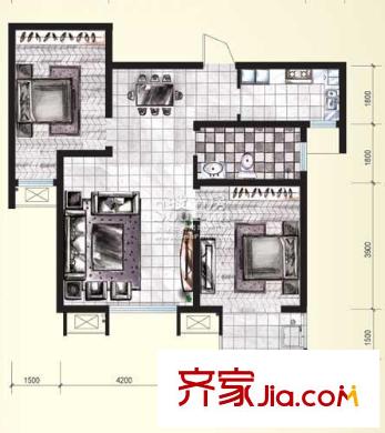 中齊未來(lái)城戶型圖2#C戶型 2室2廳1衛(wèi)