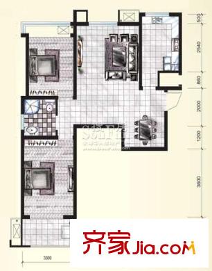 中齊未來(lái)城戶型圖3#E戶型 2室2廳1衛(wèi)