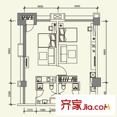中齊未來(lái)城戶型圖2#公寓戶型圖 2室2廳1衛(wèi)1廚