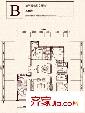 萬達廣場戶型圖豪宅戶型B 3居室  3室2廳3衛(wèi)1廚