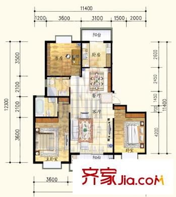 天業(yè)盛世花城戶型圖3室 戶型圖（E戶型） 3室2廳2衛(wèi)1廚