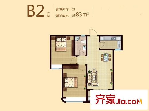 海信慧園戶型圖二期B2戶型 2室2廳1衛(wèi)1廚