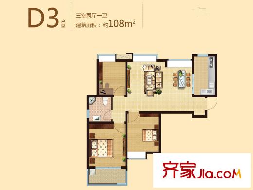 海信慧園戶型圖二期D3戶型 3室2廳1衛(wèi)1廚