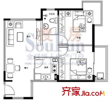 鑫苑碧水尚景 2室 戶型圖