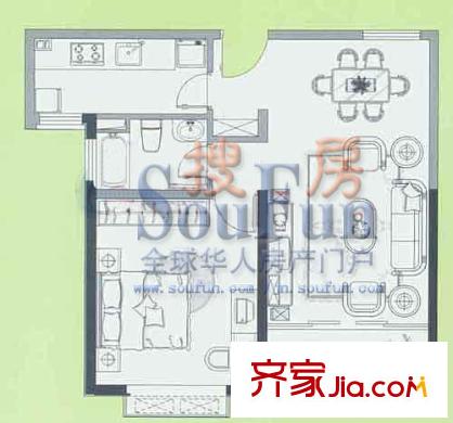 上?；▓@戶型圖一室兩廳一衛(wèi)H戶型 1室2廳1衛(wèi)